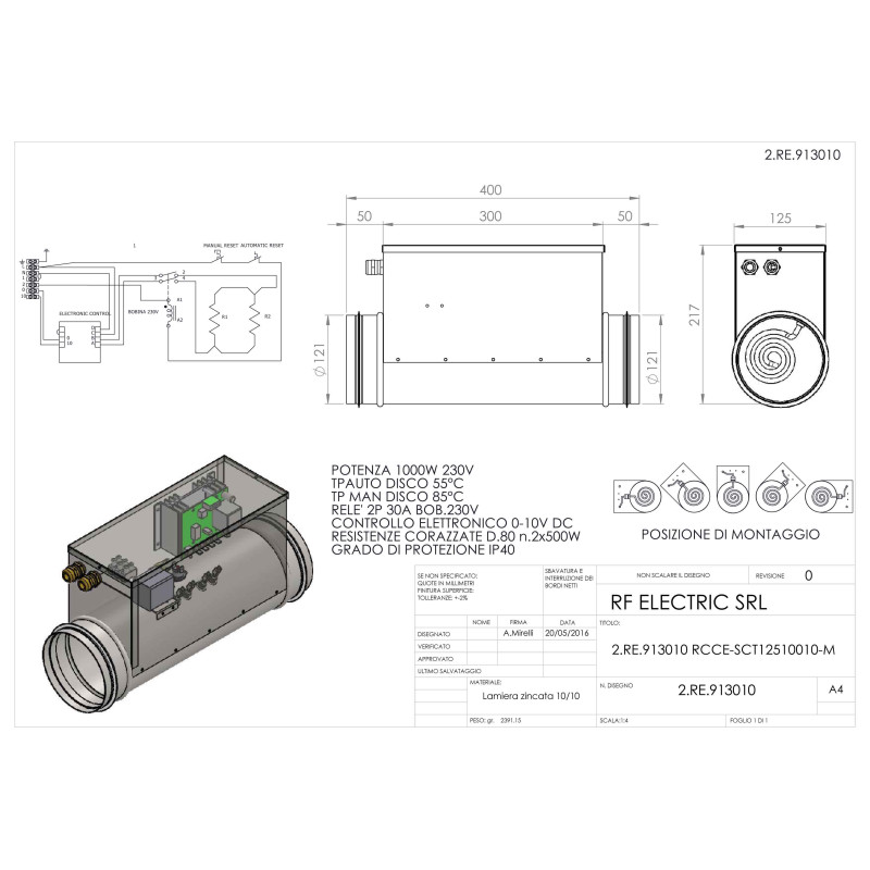 RESISTENZA 1KW 230V d.125mm CORAZZATA SU CANALE CIRCOLARE